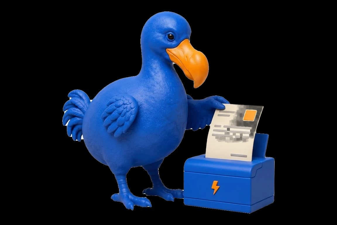 Le dodo bleu saisit une facture ivoire qui sort d’une petite imprimante bleue marquée d’un éclair orange.