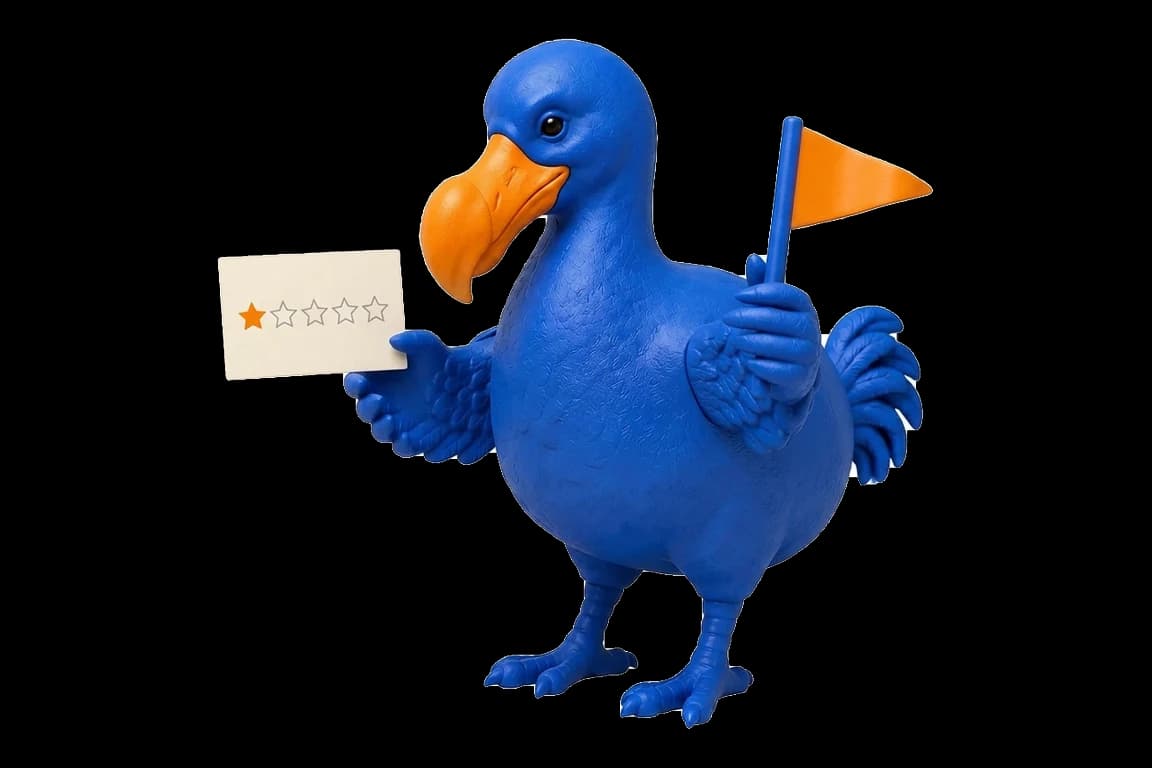 Le dodo bleu montre une carte d’avis à une seule étoile orange et lève de l’autre aile un petit drapeau de signalement orange.