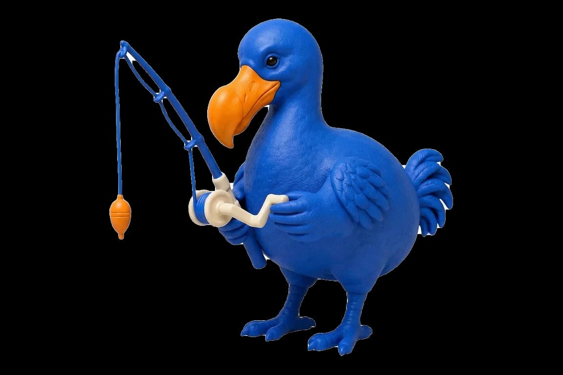 Le dodo bleu tient une canne à pêche cobalt à moulinet ivoire, la ligne terminée par un flotteur orange.