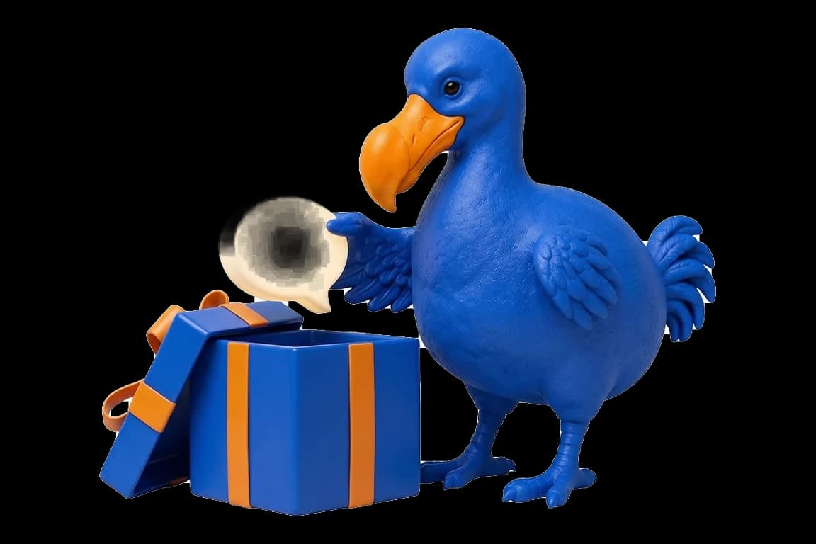 Le dodo bleu sort une bulle de dialogue ivoire lumineuse d’une boîte cadeau bleue à ruban orange.