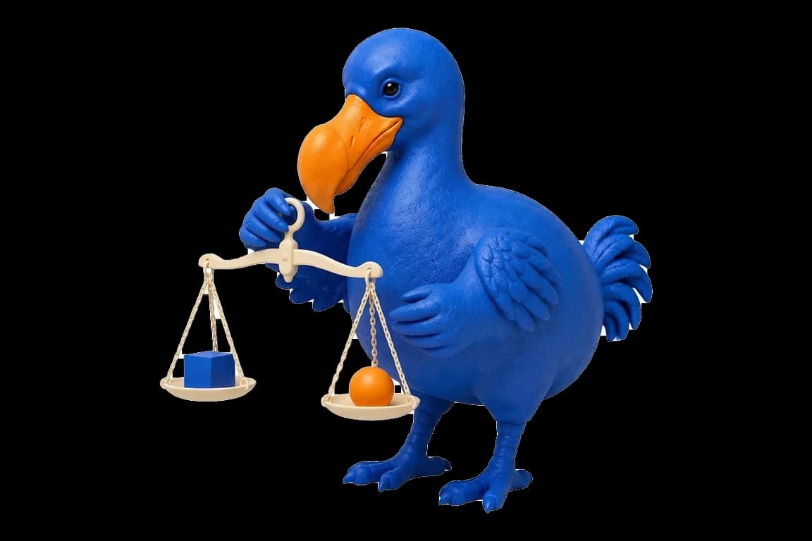 Le dodo bleu tient une balance : un cube bleu d’un côté, une sphère orange de l’autre.