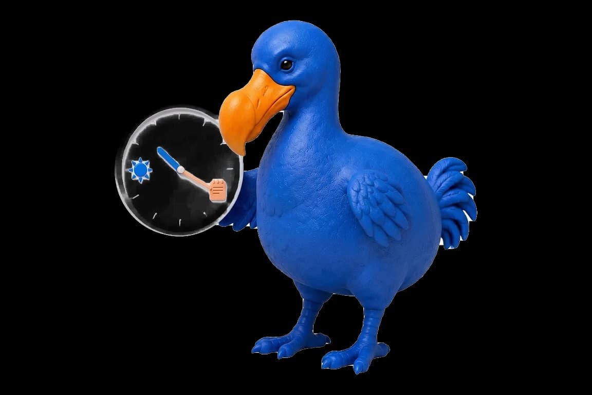 Le dodo bleu tient une horloge dont l’aiguille orange pointe un bloc-notes, près d’un repère soleil.