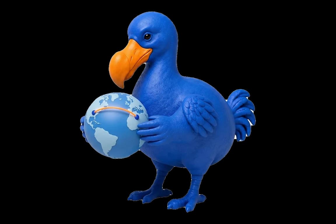 Le dodo bleu tient un globe terrestre traversé d’un arc orange qui relie deux points.