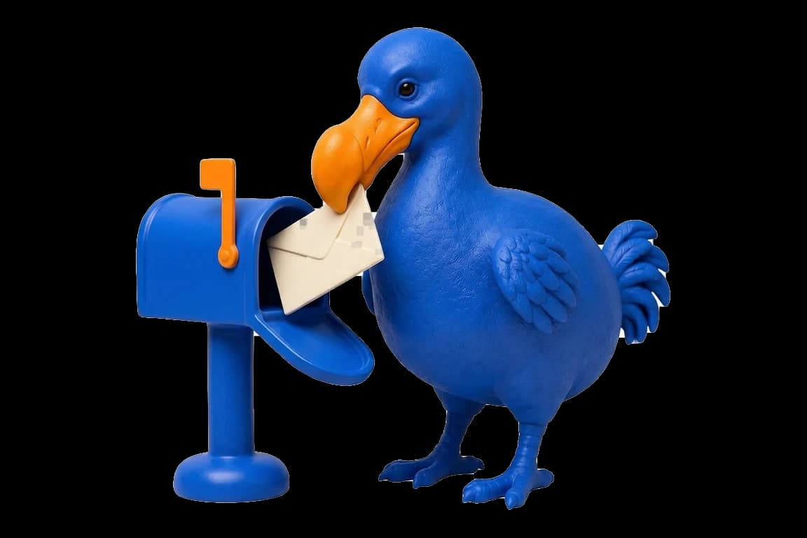 Le dodo bleu glisse du bec une enveloppe ivoire dans une boîte aux lettres cobalt au drapeau orange levé.