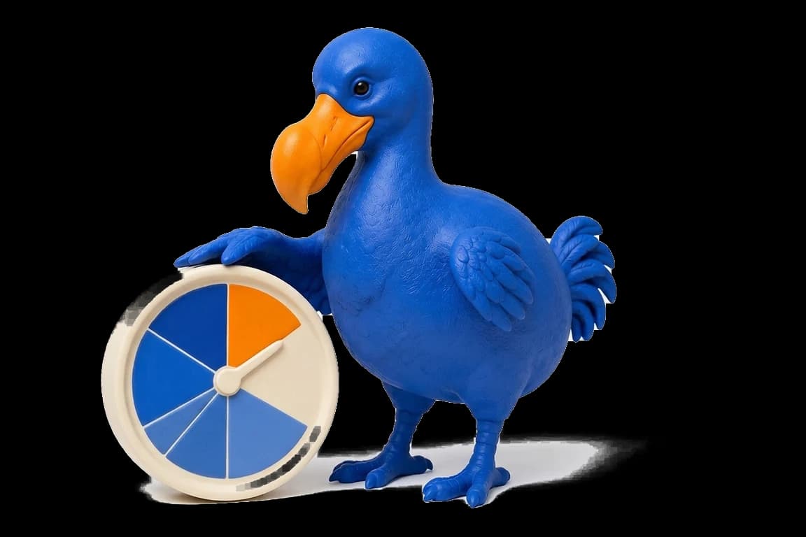 Le dodo bleu pose l’aile sur une minuterie ronde ivoire dont le cadran est découpé en parts bleues et une part orange.