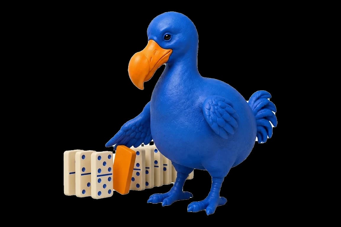 Le dodo bleu fait basculer un domino orange au milieu d’une rangée de dominos ivoire à points bleus.