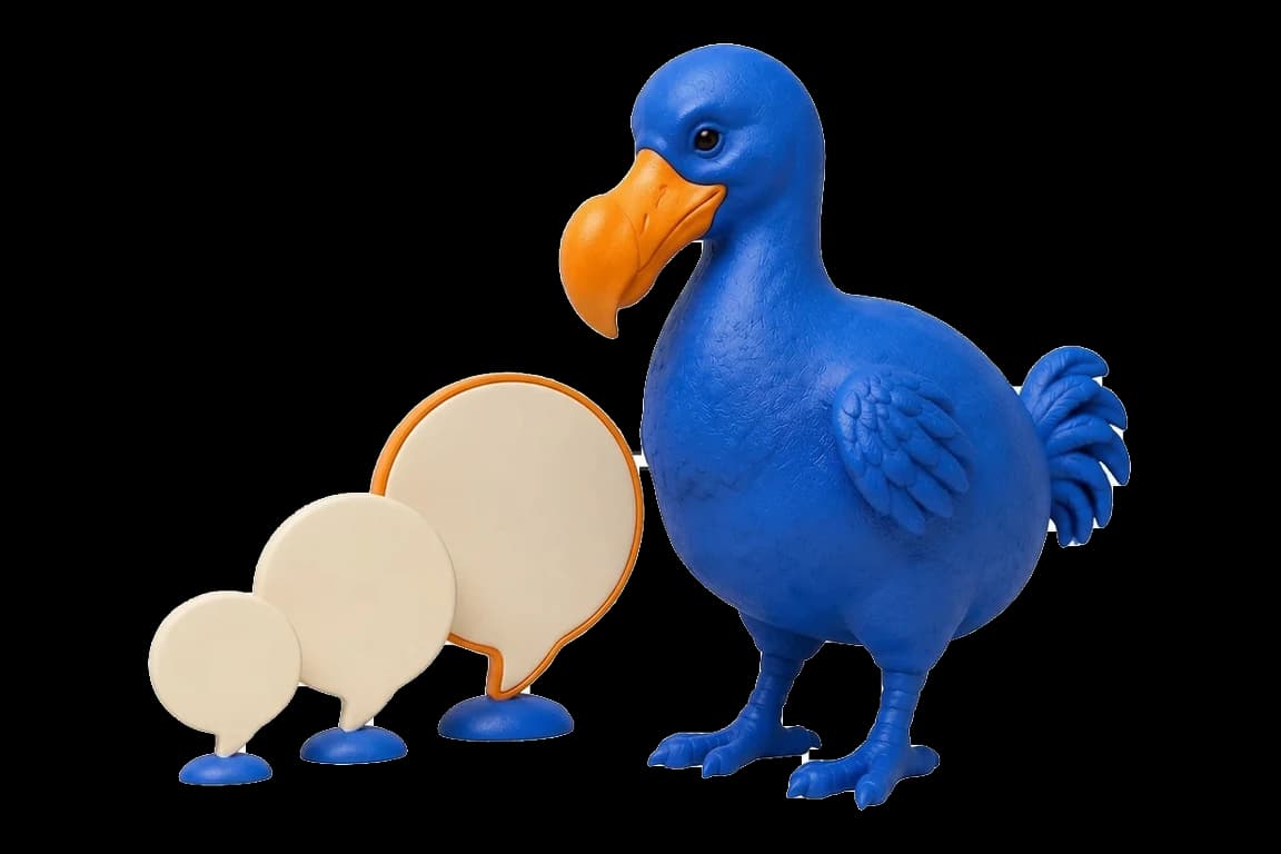Le dodo bleu se tient près de trois bulles de dialogue ivoire de taille croissante, la plus grande cerclée d’orange.