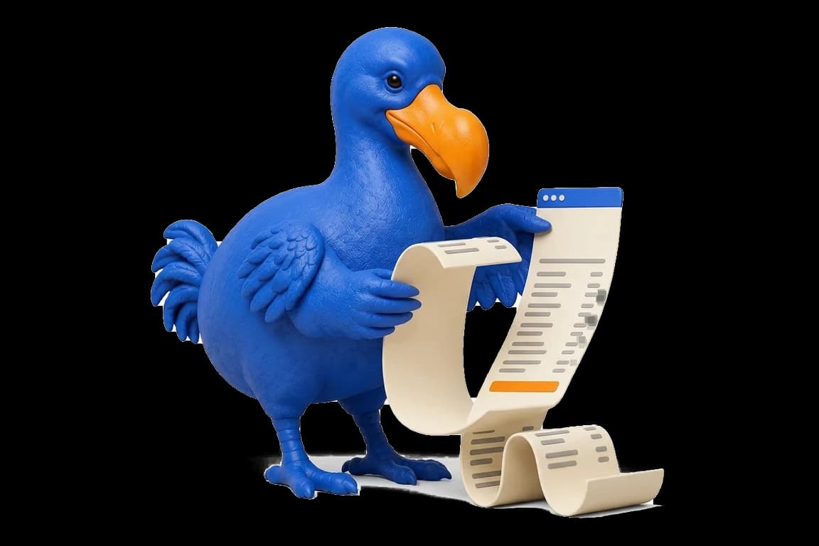 Le dodo bleu déroule un long devis ivoire ligne par ligne, coiffé d’une barre de navigateur cobalt et terminé par un total orange.