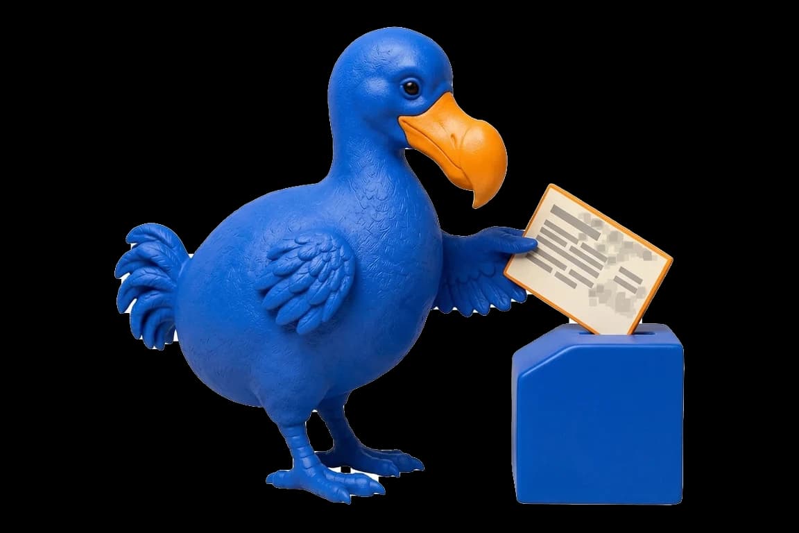 Le dodo bleu glisse une fiche ivoire bordée d’orange, couverte de lignes grises, dans la fente d’un bloc bleu.
