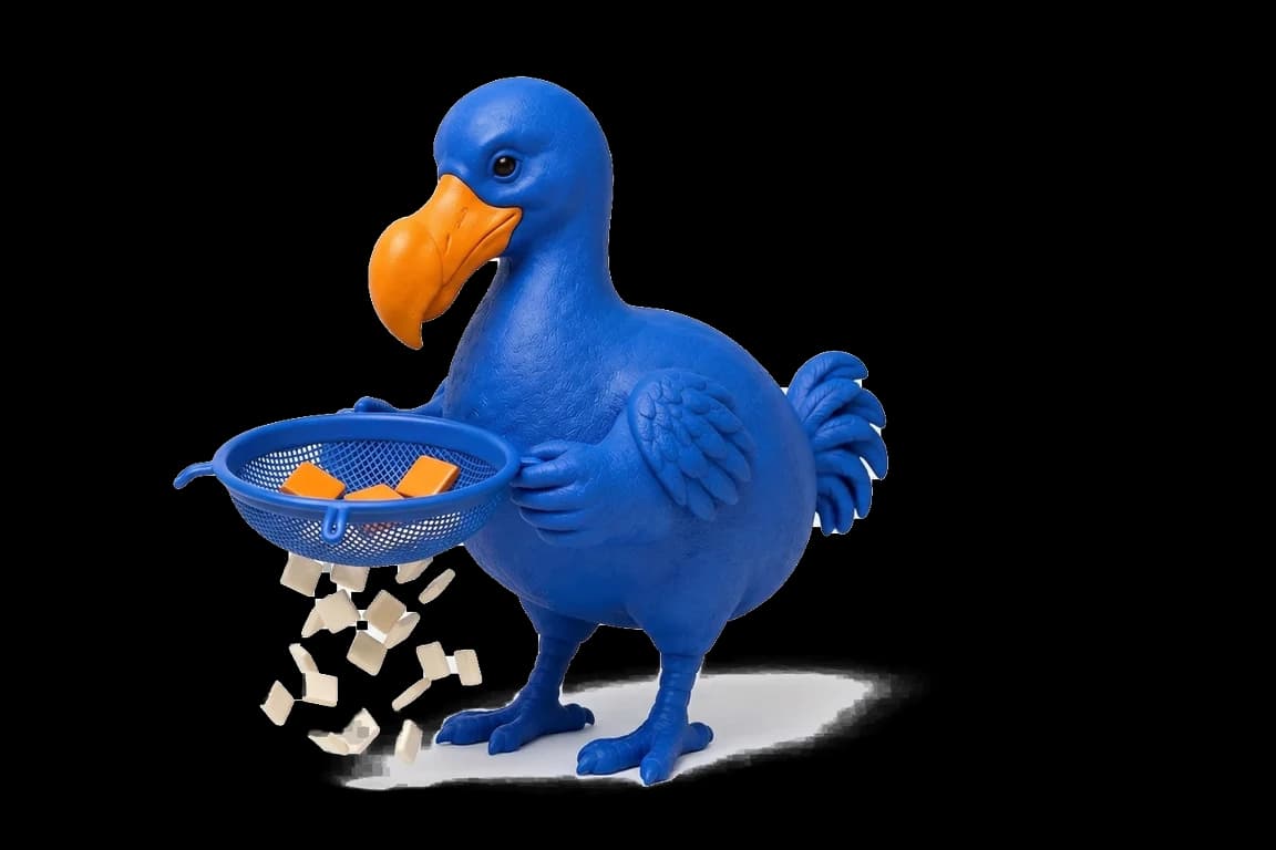 Le dodo bleu secoue une passoire cobalt : de petites tuiles ivoire tombent, trois tuiles orange restent dans le tamis.