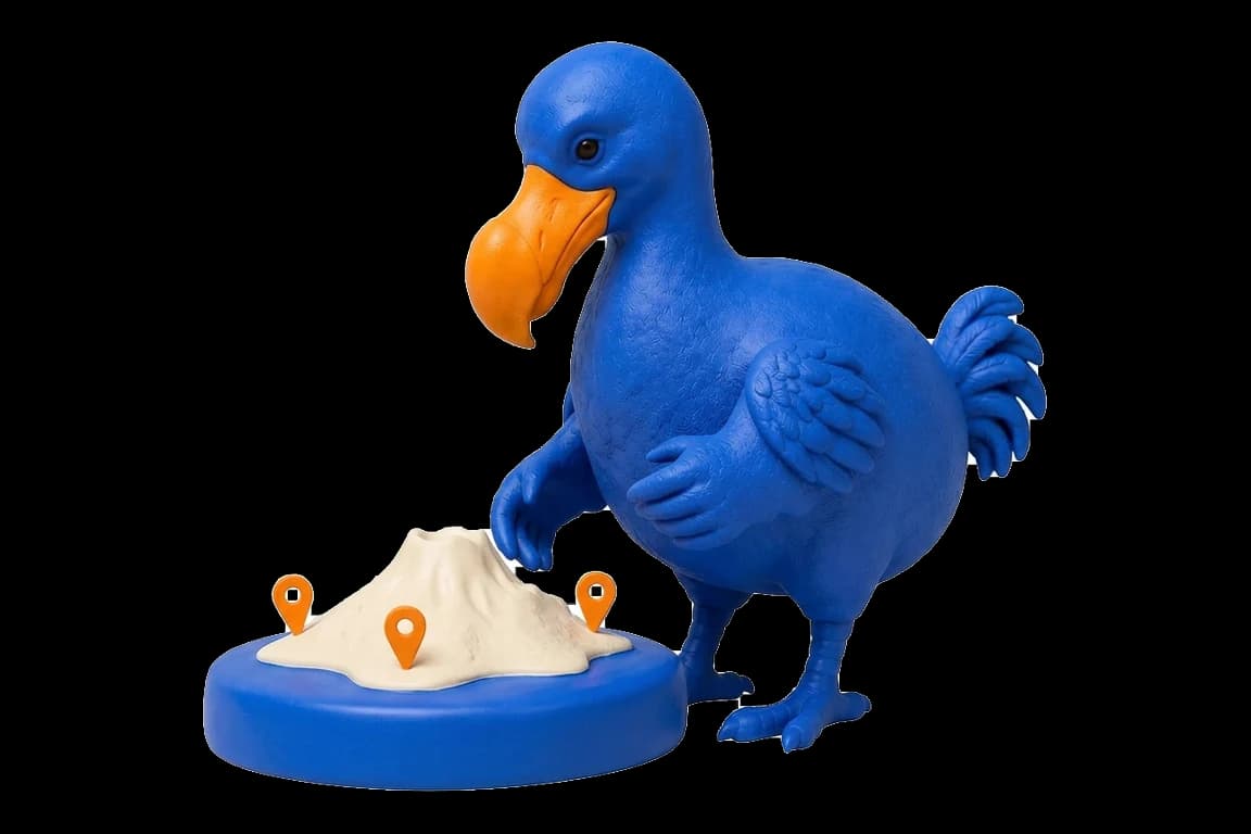 Le dodo bleu se penche sur la maquette d’une île volcanique ivoire posée sur un socle cobalt, plantée de trois repères orange.