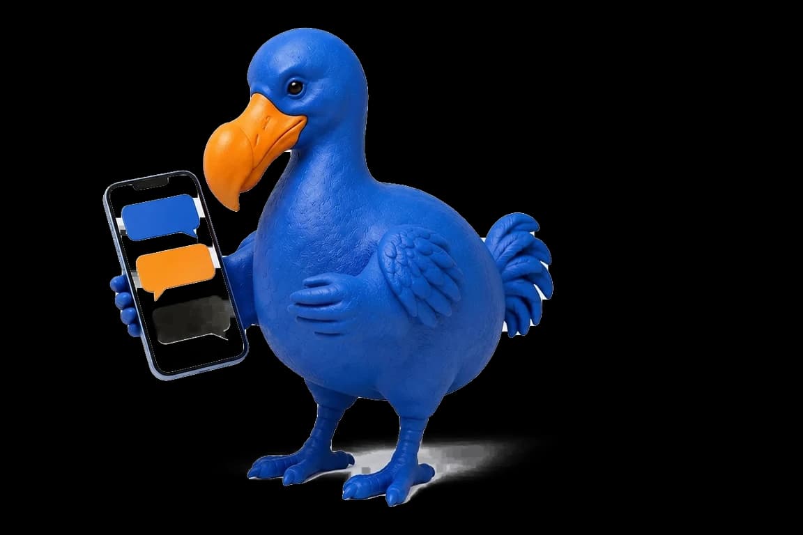 Le dodo bleu montre un téléphone affichant trois bulles de messages : bleue, orange et grise.