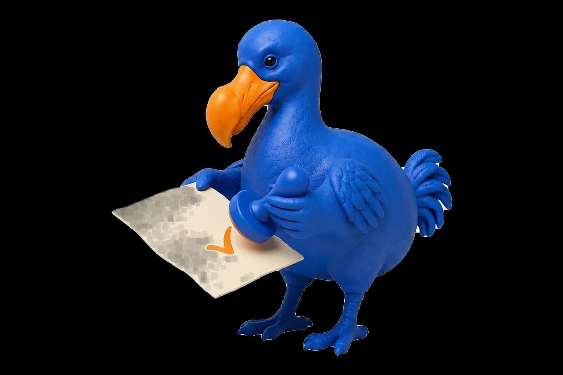 Le dodo bleu appose un tampon rond à coche orange sur une feuille ivoire qu’il tient à plat de l’autre aile.