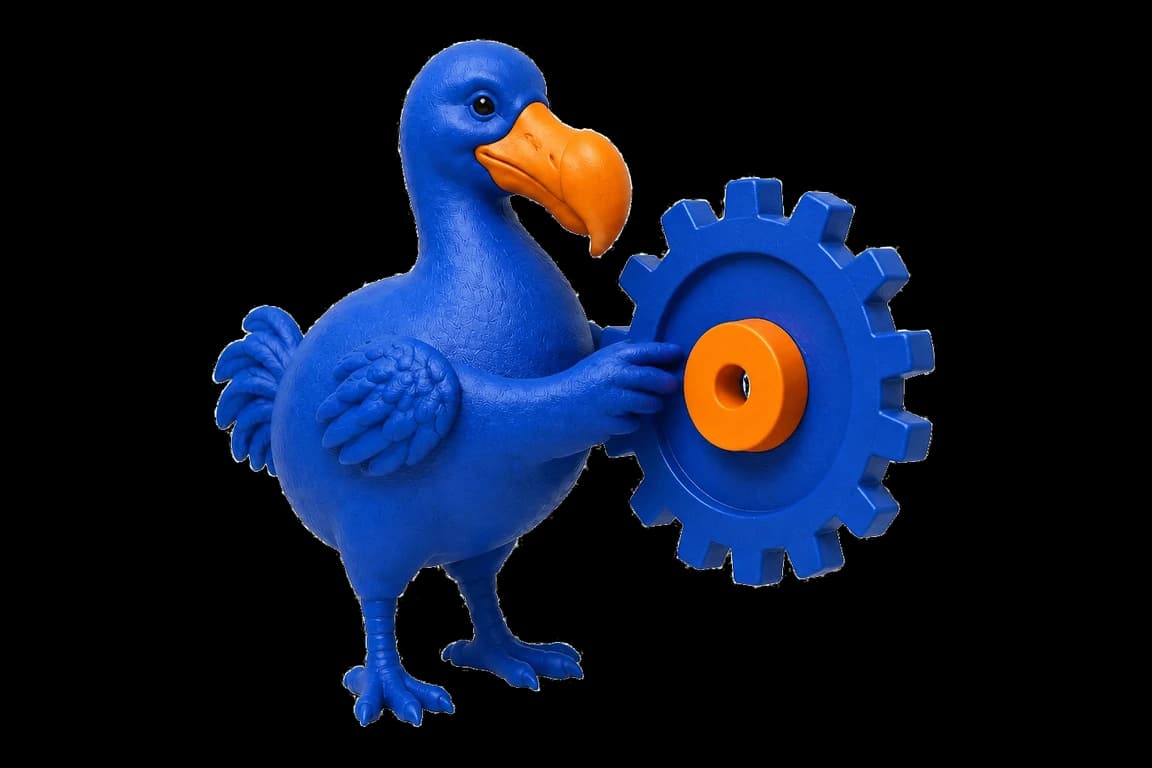Le dodo bleu actionne une roue dentée, symbole d’une tâche automatisée.
