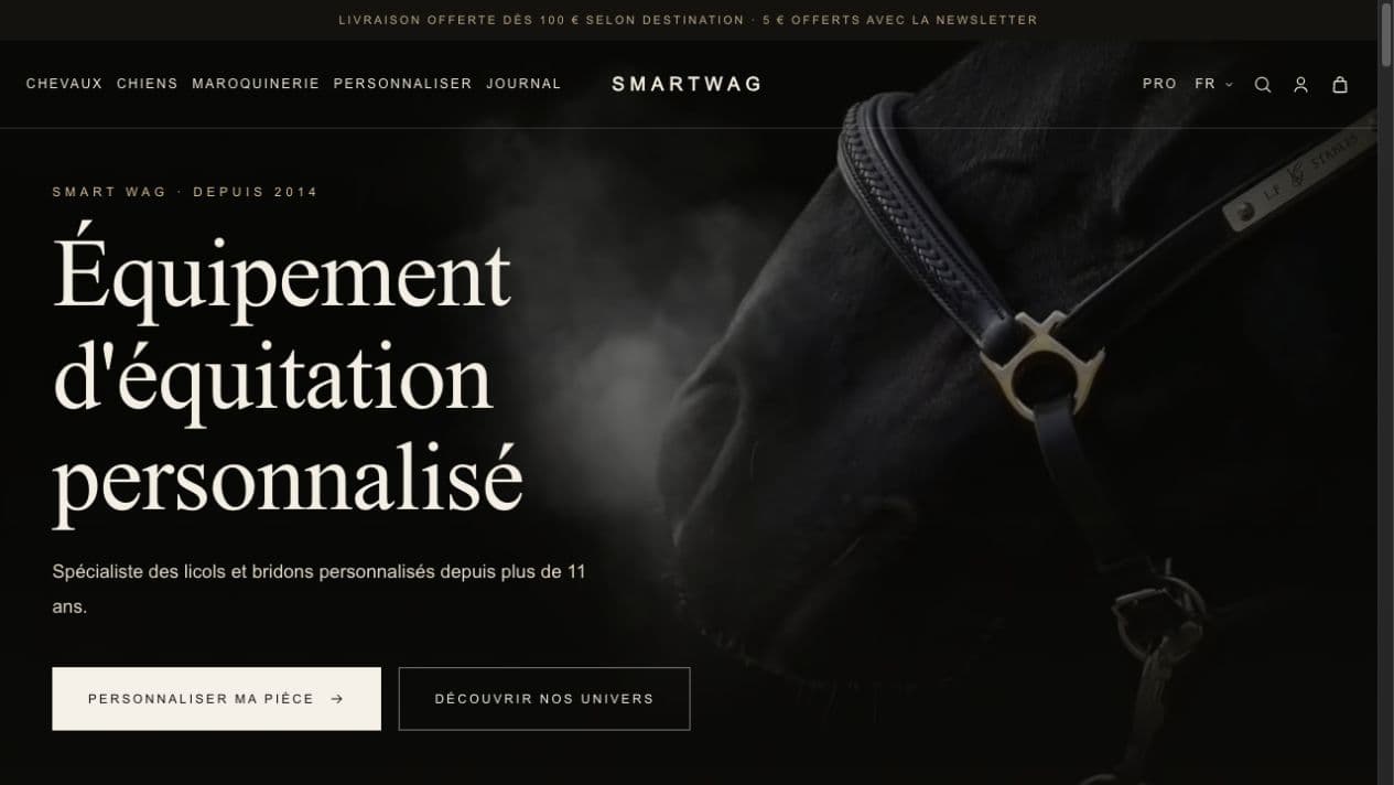Nouvel accueil Smartwag : nom centré, titre avec empattements et bouton Personnaliser ma pièce.