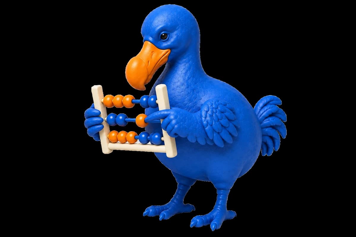 Le dodo bleu déplace les perles d’un boulier pour préparer un budget.