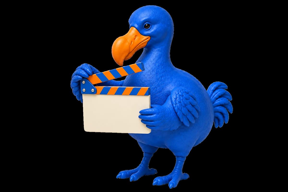 Le dodo bleu ouvre un clap de cinéma pour préparer une vidéo.