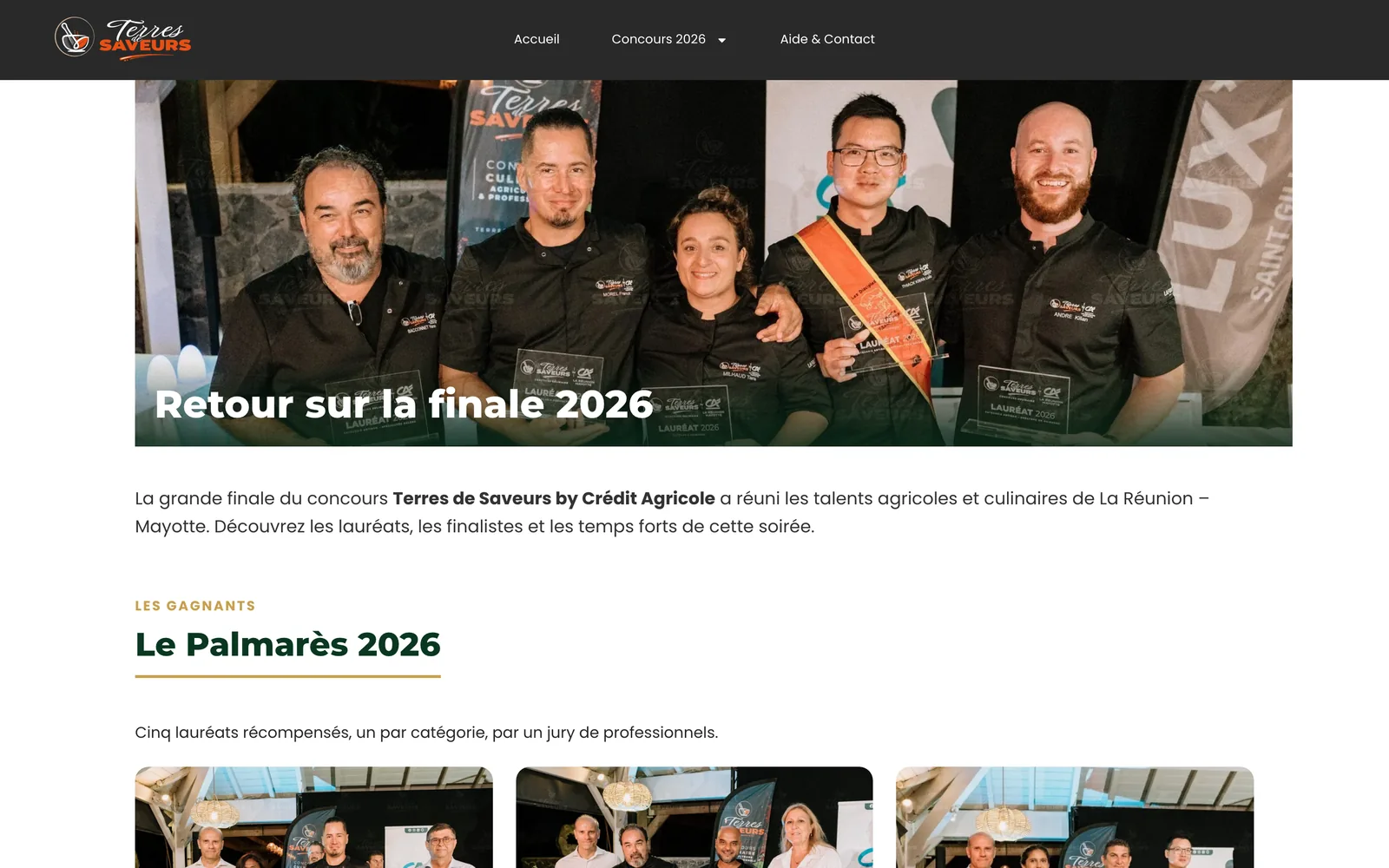 Page Retour sur la finale 2026 : photo des lauréats, introduction et début du palmarès 2026.