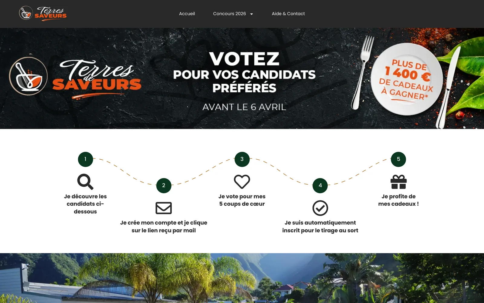 Page de vote Terres de Saveurs : bandeau « Votez pour vos candidats préférés avant le 6 avril, plus de 1 400 € de cadeaux à gagner », puis les cinq étapes du parcours.